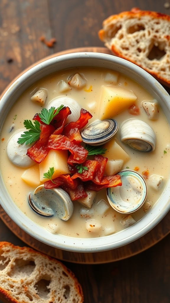 A hearty bowl of clam chowder with bacon and parsley on a rustic table with sourdough bread.